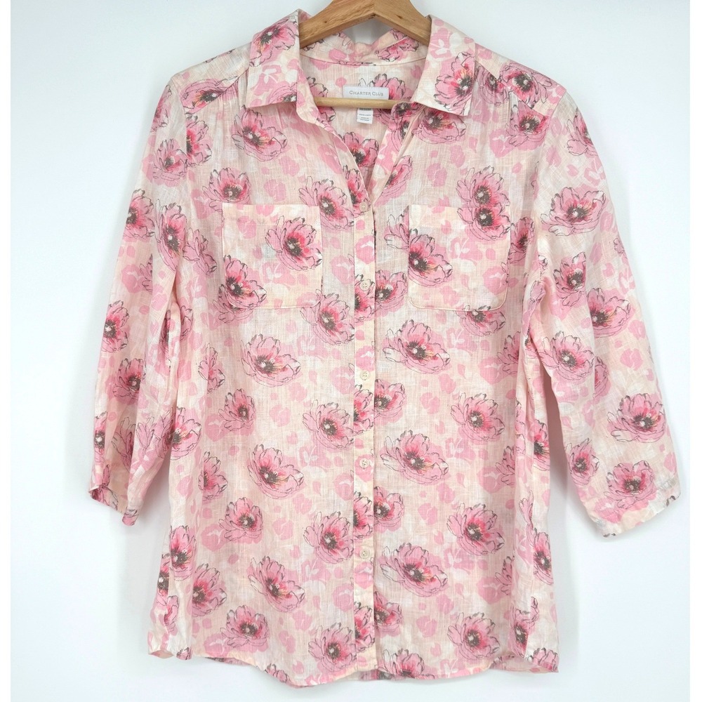 Charter Club Pink Floral Linen Button Up 3/4 Sleeve Top Blouse Sz M Pockets